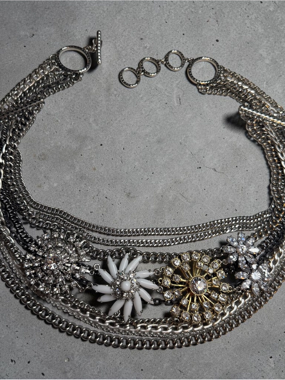 Layered Floral Statement Necklace in Silver, White & Gold Accent